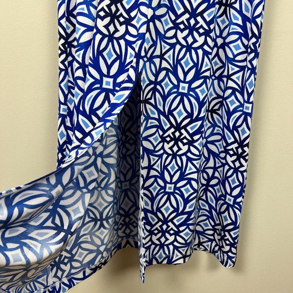 Chico's 3 Maxi Dress XL Blue White‎ Sleeveless Geo Print Jersey Knit Slit V-Neck - Picture 4 of 12